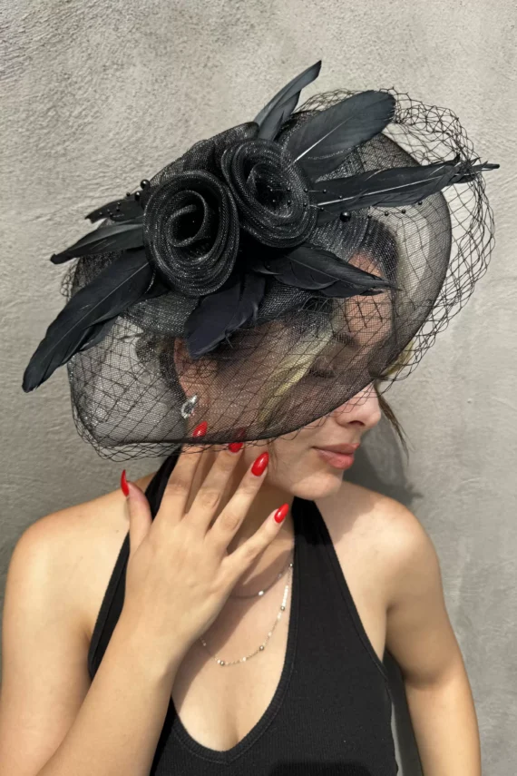 Black Color Flower Detailed Wedding Hat-Vualet Hat