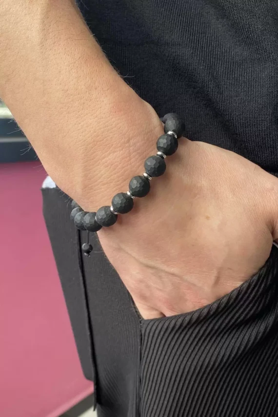 Black and Gray Color Bead Detailed Men's Bracelet