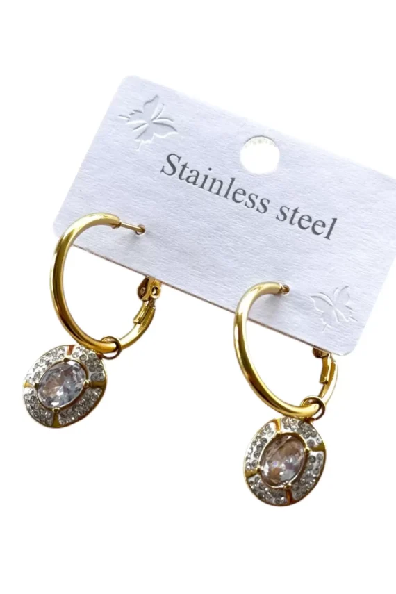 Gold Color Stone Detailed Steel Hoop Earrings