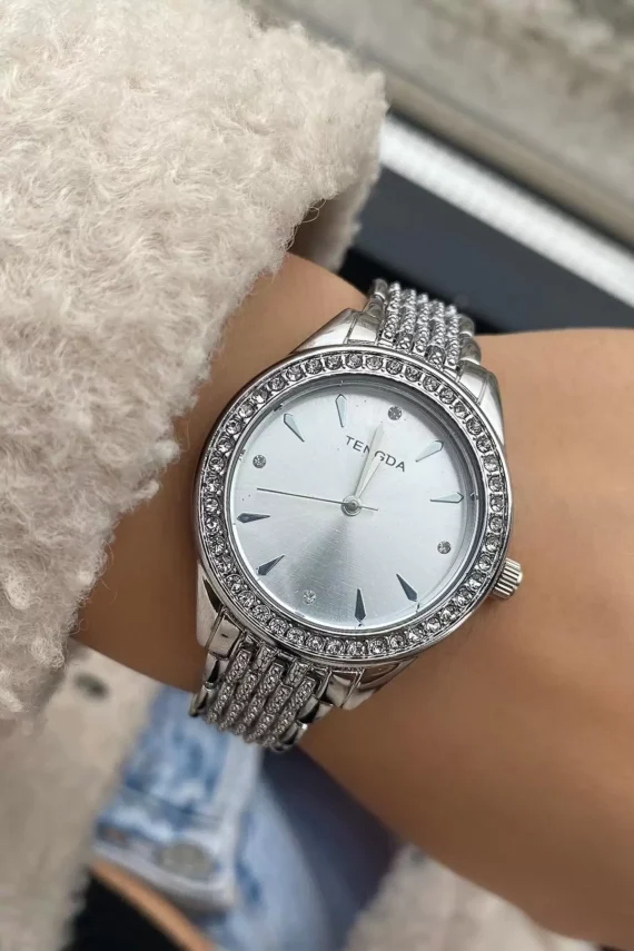 Silver Color Stone Detailed Metal Strap Women's Watch